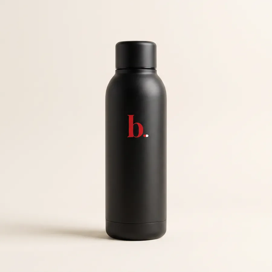 Matte black BetterBuy Rx water bottle, product render