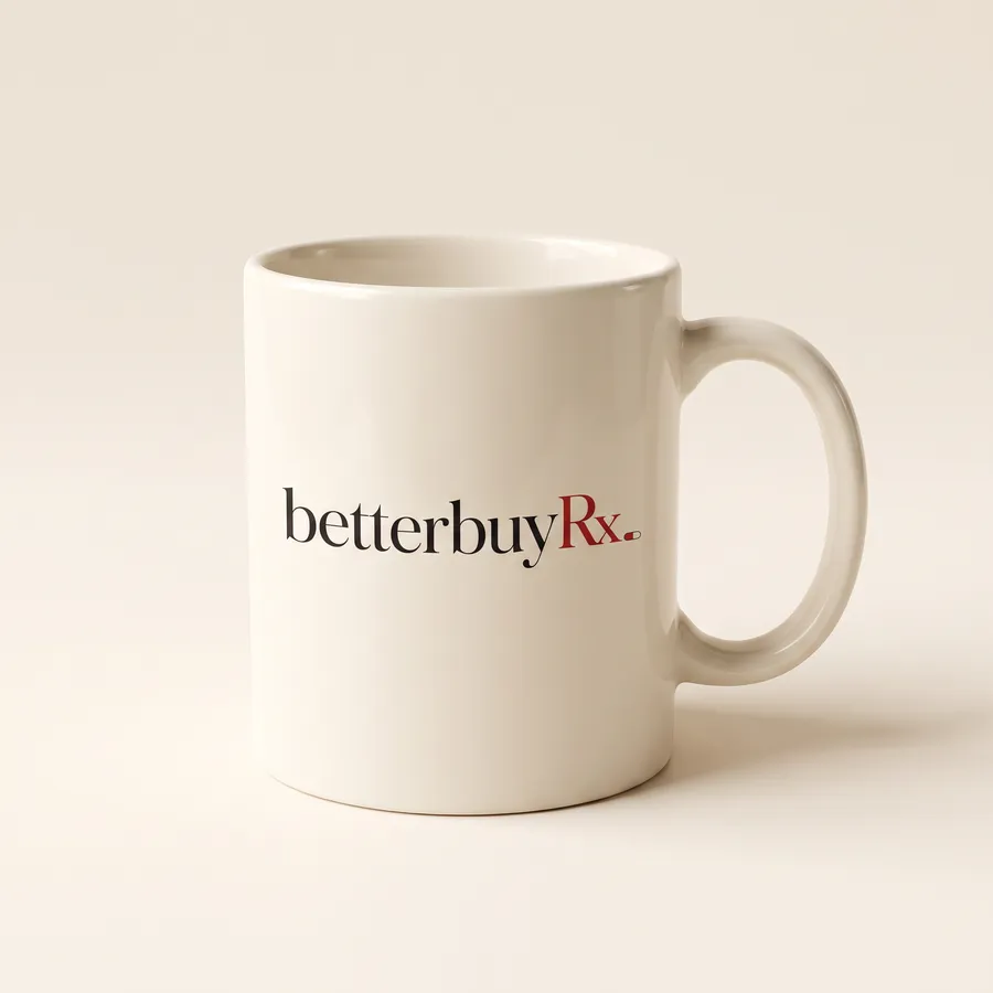 Cream BetterBuy Rx ceramic mug, product render